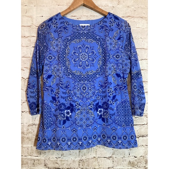 Charter Club Top Womens Petite Large Blue Medallion Print Mesh Pullover Stretch - Picture 1 of 12